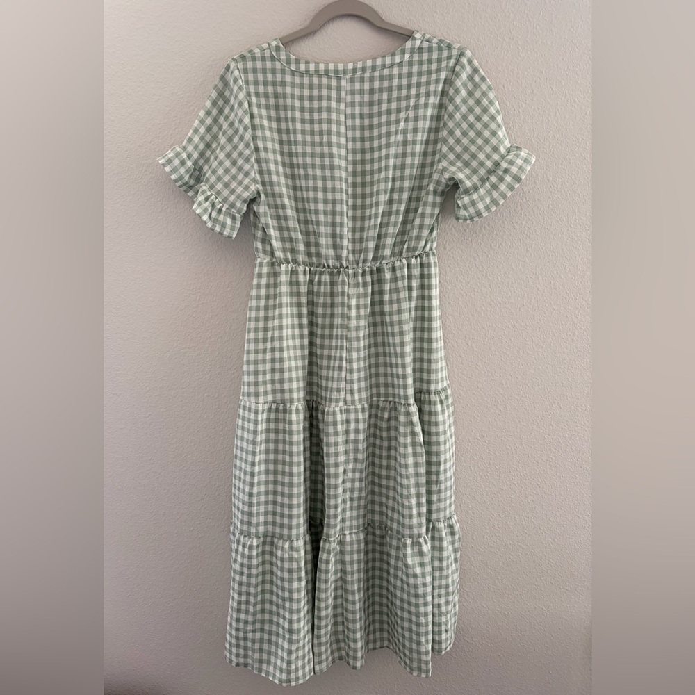 To My Lovers Sage Green Gingham Cotton Tiered Midi Dress Small NWT - Picture 10 of 12
